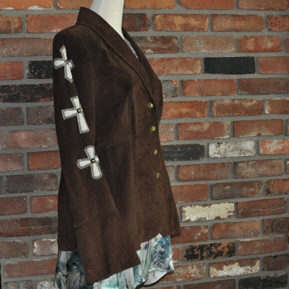 Vintage Brown & Tan Suede Leather Studded Cross Inlay Western Hippie Jacket M - Picture 5 of 10